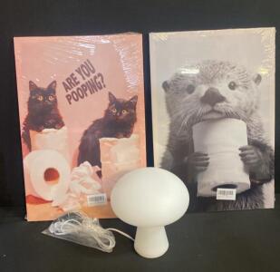 IKEA FADO Mushroom Table Lamp White Glass & 2 Canvas Art Prints&mdash;Cat Humor, Otter Toilet Paper 24&rdquo;x16&rdquo;