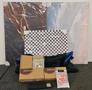 Mixed Lot: 3 Large Abstract & Checkerboard Wall Art Panels, Duffel Bag, Sugar Glider Supplies, Phone Cases