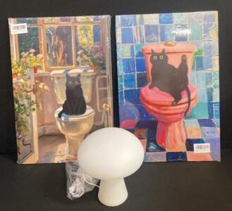 White Mushroom Table Lamp with Cord + Set of 2 Black Cat Bathroom Canvas Wall Art Prints, 24&rdquo;x16&rdquo; in - New in Box