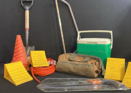 Fiskars Saw, Truper Shovel, Woods Extension Cord, Cooler, Tool Bag, Chocks & Cones Lot