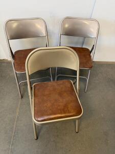 Metal Folding Chairs with Vinyl Padded Seats, Tan Frame, Brown Seat, Set of 3