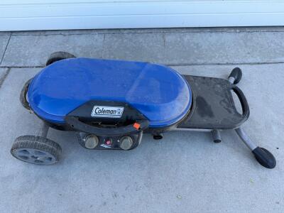 Coleman RoadTrip LXE Portable Propane Grill, 2 Burners, Blue, Collapsible Rolling Stand