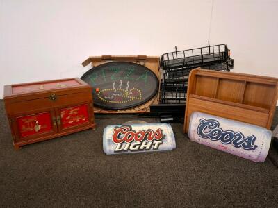 Vintage Wooden Wall Mounted Mail Organizer with 3 Compartments, Natural Finish, 14"x12", pizza sign electric (powers on) large jewelry box, black shelving and more