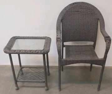 Outdoor Wicker Patio Armchair & Glass-Top Side Table Set, Dark Brown Finish