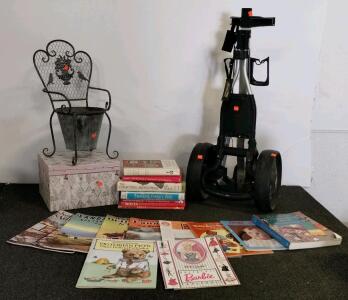 Bag Boy LT-450 Golf Cart, metal flower bucket (chair), paper dolls featuring Barbie and more, gift box, book lot, and more