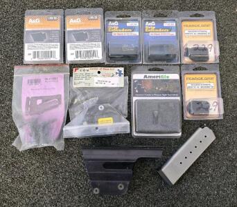 Handgun Parts Lot &ndash; A&G & Pearce Grip Extenders, AmeriGlo Sight, Kahr Magazine, Holster, Hi-Point, Glock/Beretta/Browning Compatible