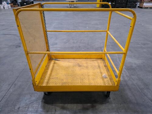 Steel Forklift Man Basket Platform, 3x3Ft, Mesh Sides, Yellow, Swivel Casters, Chain Entry