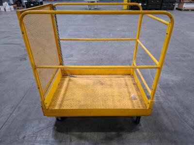 Steel Forklift Man Basket Platform, 3x3Ft, Mesh Sides, Yellow, Swivel Casters, Chain Entry