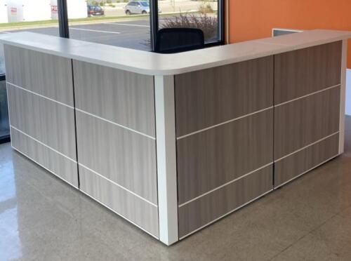 Modern L-Shaped Reception Desk, Light Gray Woodgrain Finish, 3-Drawer Pedestal, 72"x72"x42"