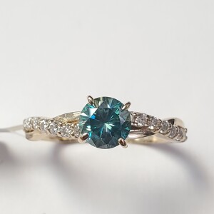 $2000 10K Greenish Blue Moissanite(0.85ct) White Moissanite(0.15ct) Ring