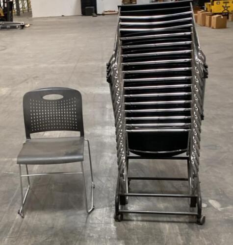 Set of 12 Black Stackable Sled Base Plastic Chairs with Rolling Cart