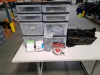 Staples USB 2.0 15ft Extension Cable, USB-A Male to Female, Black, New in Box, tool bag, two plastic drawer sets with various cords and phone accessories.
