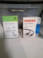 Staples USB 2.0 15ft Extension Cable, USB-A Male to Female, Black, New in Box, tool bag, two plastic drawer sets with various cords and phone accessories. - 3