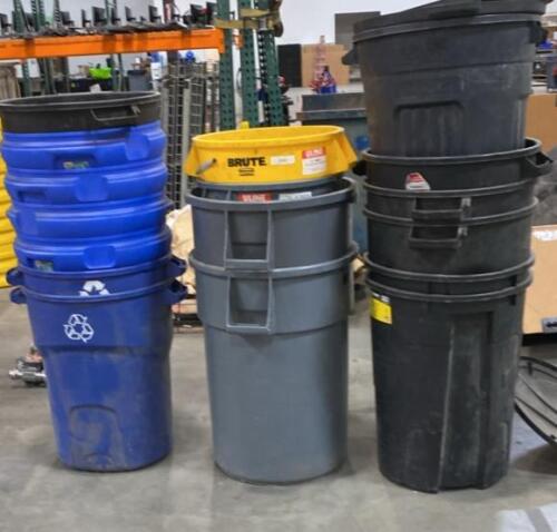 Rubbermaid Brute & Uline 32 Gallon Trash Cans and Recycling Bins, Blue/Gray/Black, Mixed Lids, 11 Total