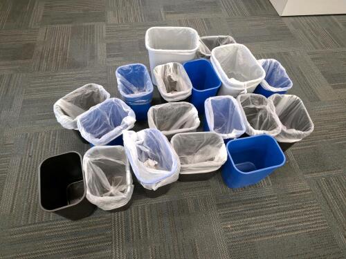 15 Rectangular Office Trash and Recycling Bins, 5.5 Gallon Capacity, Plastic, Black/Blue/White