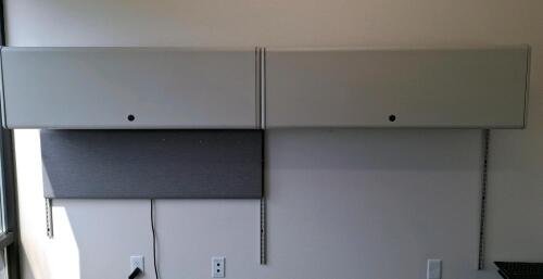 Office Overhead Storage Cabinets with Task Lighting and Fabric Tack Board