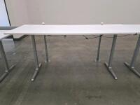 Electric Height Adjustable Desk, 8ft longx3ft deep White Top, Silver Metal Frame, Programmable Controls