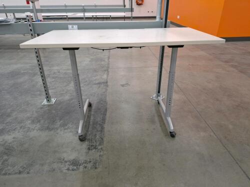 Adjustable Height Work Table with Cable Grommet, 5ft widex30" deep, Metal Frame, Rolling Casters, White Top