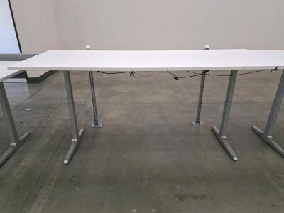 Electric Height Adjustable Desk, 8ft longx3ft deep White Top, Silver Metal Frame, Programmable Controls