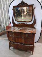 Antique Oak Dresser with Mirror, Early 20th Century, 4 Drawers, Ornate Brass Handles - 2