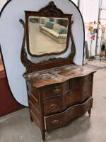 Antique Oak Dresser with Mirror, Early 20th Century, 4 Drawers, Ornate Brass Handles - 3