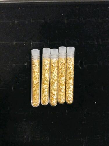 Five Vials of Gold Flakes in Clear Plastic Tubes, Approx. 2 Inch Size, for Crafts or Collection