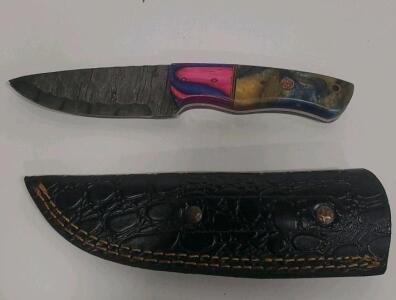 Custom Damascus Fixed-Blade Knife, 4.5" Blade, Multi-Color Resin Handle, Leather Sheath