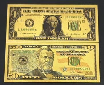 Commemorative Gold-Plated $1 and $50 Replica Banknotes with Unique Serial Numbers