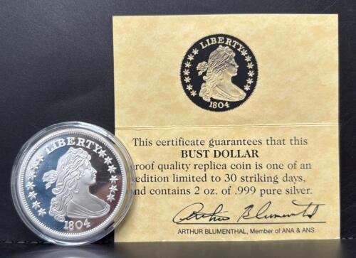 1804 Bust Dollar Replica, 2 oz .999 Silver, Proof Quality, Original Box & COA