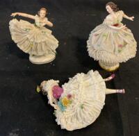 Trio of German Lace Porcelain Ballerina Figurines, Hand-Painted, Mid-Century, 4.7" Tall ( SP3 )