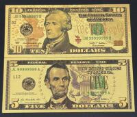 Gold-Plated $5 & $10 Collectible Replica Bills, 2009 Series, Lucky Serial Numbers, Lincoln & Hamilton