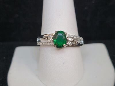 Green Emerald Oval Cut Faceted Ring, Size 10