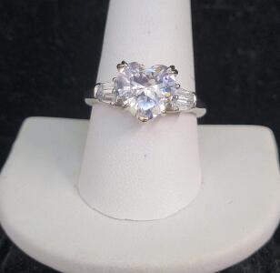 Clear White Heart-Shaped Faceted Gemstone Ring, .925 Band, Size 10