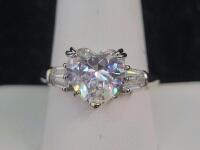 Clear White Heart-Shaped Faceted Gemstone Ring, .925 Band, Size 10 - 3