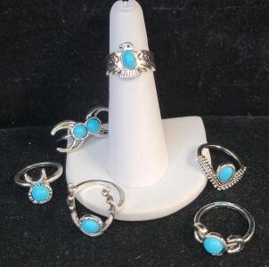 (6) Turquoise Fashion Rings, Size 4-7