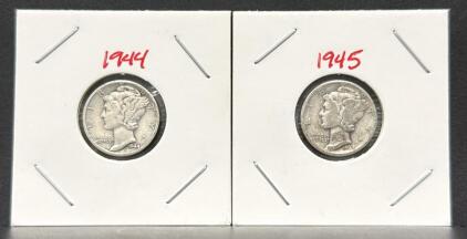 1944 & 1945 Mercury Dimes 90% Silver Philadelphia Circulated Coins - Adolph Weinman Design