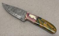Custom Damascus Fixed Blade Knife - 4.5" Blade, Full Tang, Resin/Wood Handle, Leather Sheath - 2