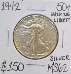 1942 Walking Liberty Half Dollar, MS62, 90% Silver, Philadelphia Mint