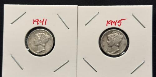 1941 & 1945 Mercury Dimes &ndash; 90% Silver, Circulated Condition
