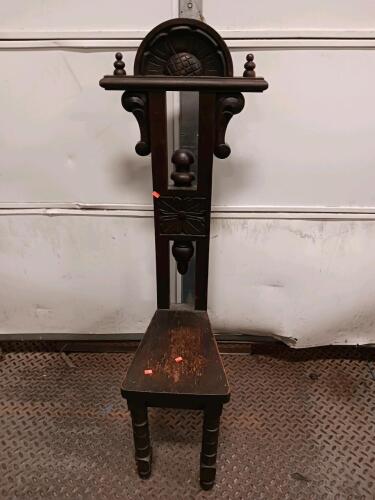Antique Gothic Revival Hall Chair with Ornate Carvings and Turned Finials