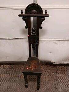 Antique Gothic Revival Hall Chair with Ornate Carvings and Turned Finials