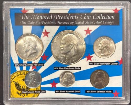 Honored Presidents Coin Collection &ndash; 6 Coins: 90% Silver Half, Quarter, Dime, 35% Nickel, Steel Cent