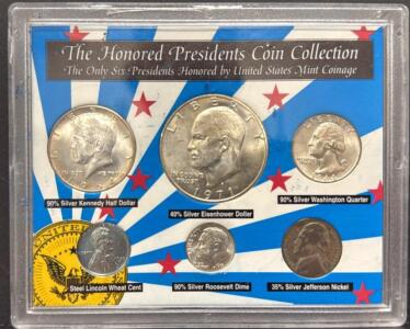 Honored Presidents Coin Collection &ndash; 6 Coins: 90% Silver Half, Quarter, Dime, 35% Nickel, Steel Cent