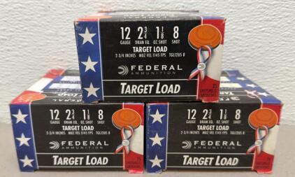(3) Boxes Of Federal Top Gun 12 Gauge 2-3/4" 1-1/8oz #8 Shot, 1145fps, 25 Rounds, Target Load Ammunition