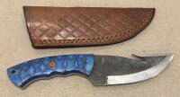 Fixed Blade Hunting Knife Gut Hook, Blue Handle, Leather Sheath, Mosaic Pin, Full Tang