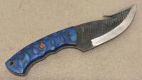 Fixed Blade Hunting Knife Gut Hook, Blue Handle, Leather Sheath, Mosaic Pin, Full Tang - 2