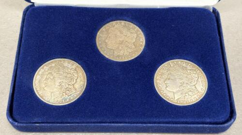 1921 Morgan Silver Dollar Set &ndash; Three Circulated 90% Silver Coins in Blue Velvet Presentation Case