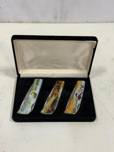 Japan 3-Piece Vanadium Stainless Wildlife Folding Pocket Knife Set with Display Case