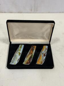 Japan 3-Piece Vanadium Stainless Wildlife Folding Pocket Knife Set with Display Case