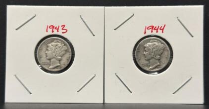 1943 & 1944 Mercury Dimes &ndash; 90% Silver, Philadelphia Mint, Circulated, Winged Liberty Head